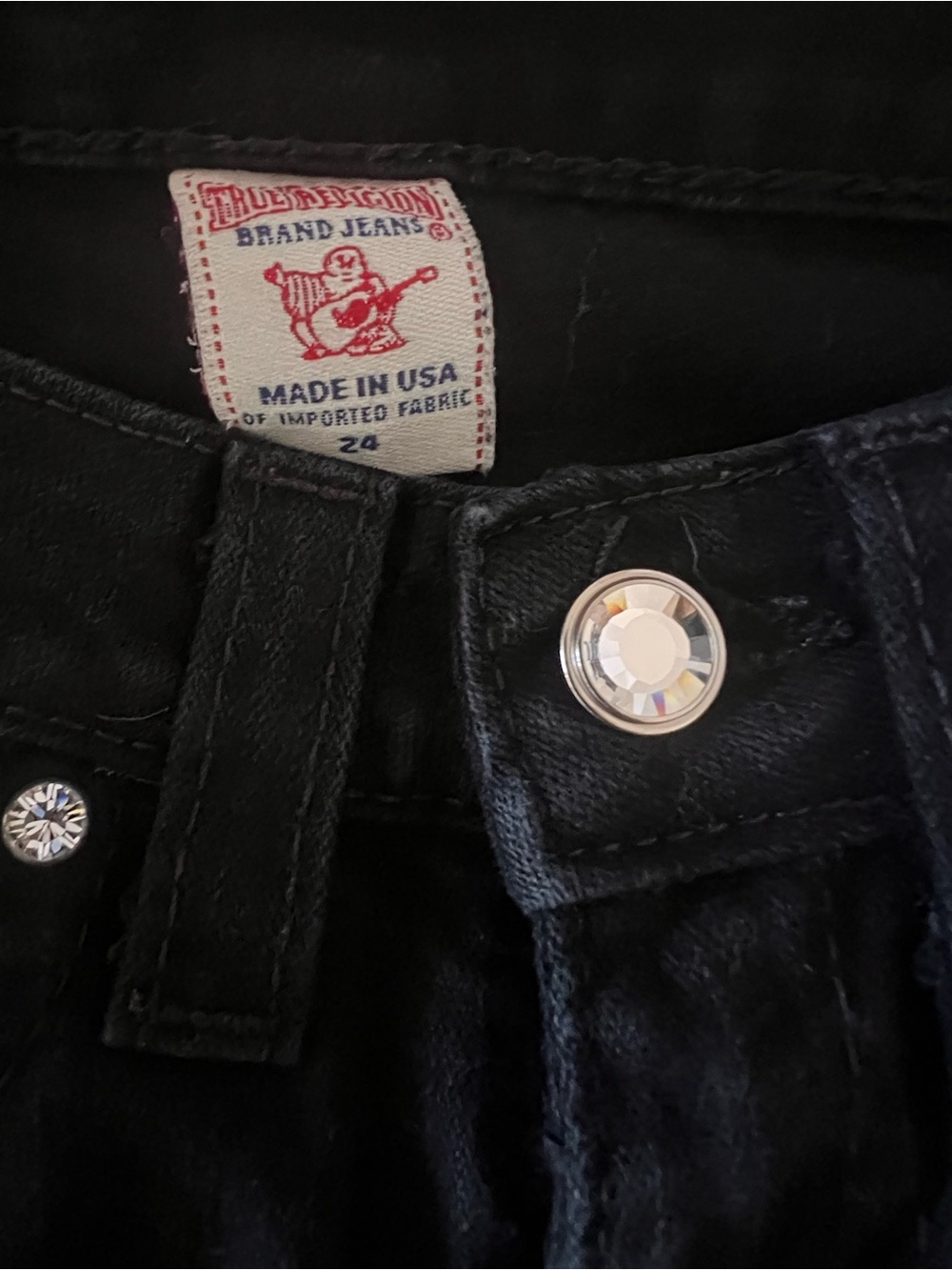 Vintage True Religion Joey Flare Jeans Black Rhinestone Y2K Made USA Size 24